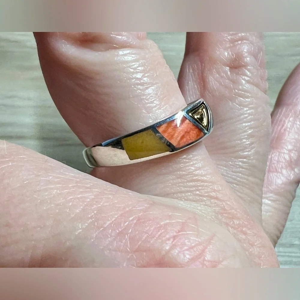 Eric Grossbardt Sterling Silver & 18K Gold Multi Stone Inlay Ring, Size 8.75